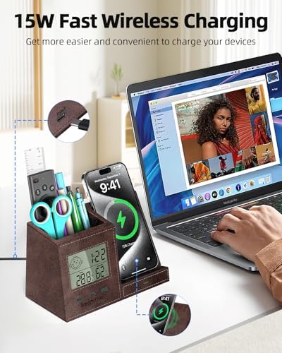 Pen Holder for Desk, Desk Organizer with Wireless Charger, Built in Digital Indoor Thermometer and Humidity Monitor, Multi-Functional Pencil Organizer for Home Office Supplies, Brown - Image 2