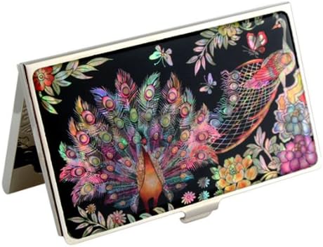 Mother of Pearl Design RFID Blocking Protection Business Card Case, Credit Card Holder, Metal Name Card Case, Stainless Steel Engraved Slim Purse Pocket Cash Money Wallet (Peacock Gift Set) - Image 2
