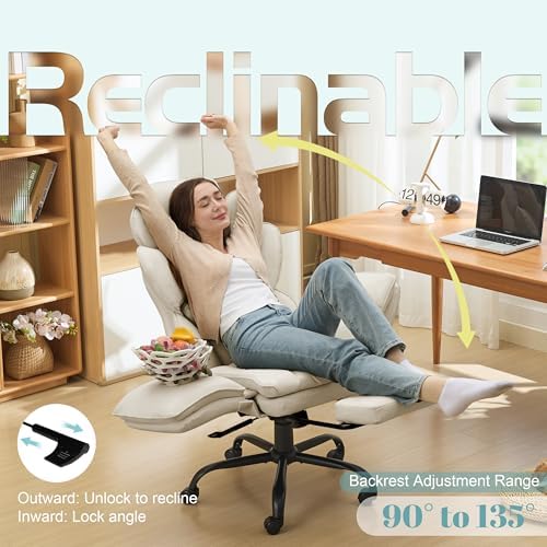 Flip Armrests Criss Cross Office Chair, Reclining Office Chair with Foot Rest, Adjustable Headrest, Massage Waist Pillow, Cross Legged Big and Tall Desk Chair Wide Seat Vanity Chair, Beige PU Leather - Image 5