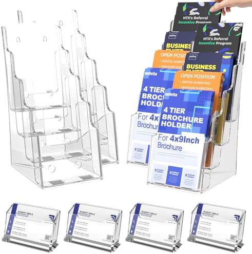 4 Pcs Acrylic Brochure Holder, 4 x9 Inches Flyer Holder, 4 Tier Clear Pamphlet Holder, 4 Inch Wide Magazine Literature Organizer Holder, Brochure Display Stand, for Wall Mount or Desktop Use by Nellvita