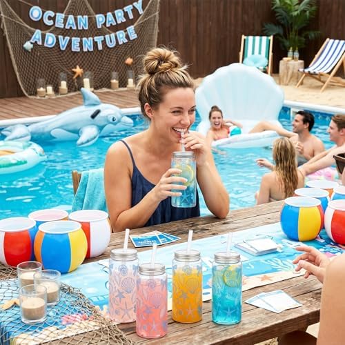 Meanplan 36 Pack Ocean Coastal Plastic Cups with Lids and Straws 14 oz - Image 6
