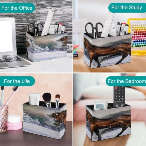 PU Leather Multi-Compartment Pen Holder Desktop Organizer Pencil Cup Storage Caddy for Office Home Supplies Handsome Horse Winter Theme Farm Animal Snowy Mountain Snowflakes Winter Scenery - Image 4