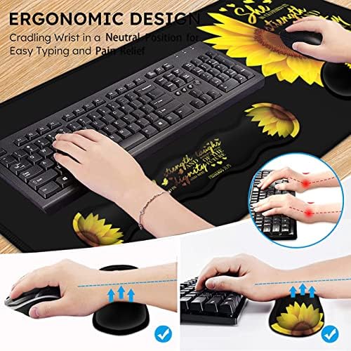 Gaming Black Mouse Pad + Keyboard Wrist Rest XL Large Mouse Mat Sunflower Christian Verse Proverbs 31-25 Extended Desk Pad Non-Slip Rubber Mice Pads Stitched Edges Pad (31.5x11.8 in) - Image 5