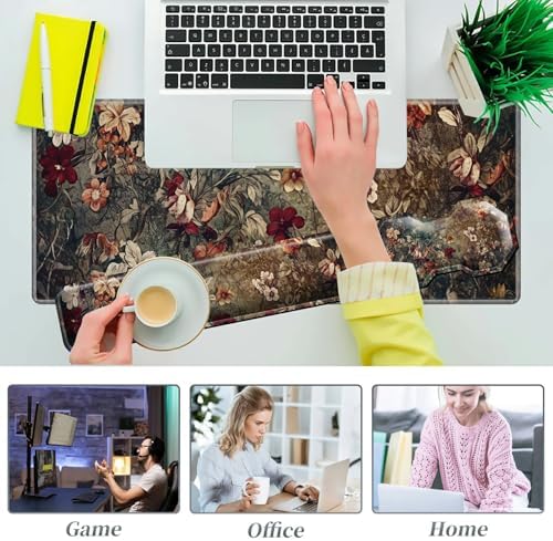 3Pcs Mouse Pad Set, Dark Art Flowers Large Gaming Mouse Pad with Stitched Edge, Ergonomic Memory Foam Keyboard Wrist Support and Mouse Wrist Rest Cushion, Pain Relief Non-Slip Desk Pad Combo - Image 7