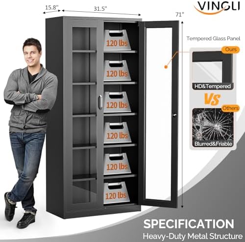 VINGLI Lockable Display Cabinet with Glass Doors & 5 Adjustable Shelves, 71" Tall Black Metal Storage Cabinet Curio Liquor, Bookshelf Bookcase for Home Office Living Room Pantry Garage - Image 3
