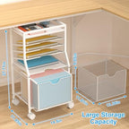 BOHDK Rolling File Cart, 6-Tier Desk File Organizer on Lockable Wheels, White Wood Planks & Mesh Sliding Hanging Folder Drawer, Organization Cart for Office Home School - Image 2