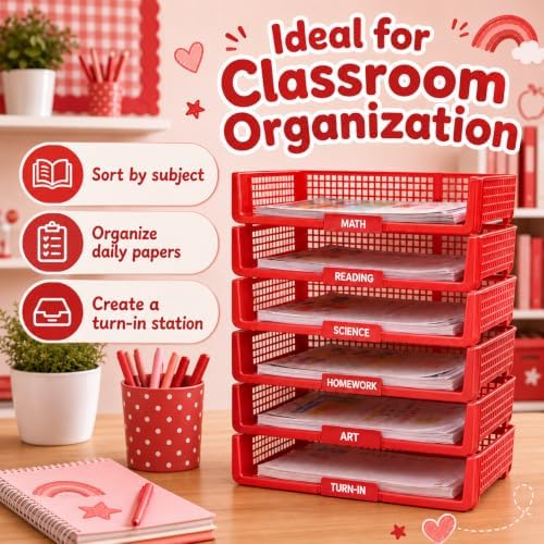 6 Pcs Red Turn in Trays Classroom, Stackable Paper Bins for Classroom, 13x9x2.8 inch Plastic Baskets Desktop Organization System Office (Red) - Image 7