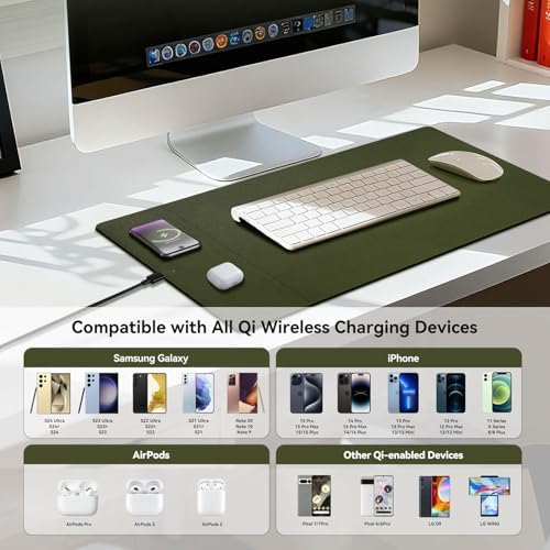 Wireless Charging Mouse Pad, 15W Fast Charge Magnetic Charger Desk Pad, Large Office Desk Mat (23.4x15.6) with Ultra-Smooth Surface, Green Computer Mousepad for MacBook, PC, Laptop - Image 6