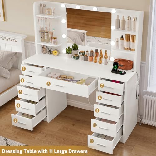 FIONESO Large Vanity Desk with Mirror and Lights, Makeup Vanity with 11 Drawers & 6 Open Shelves, 3 Lighting Modes, Brightness Adjustable, Vanity for Girls, White - Image 3