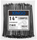 XINGO 14 Inch Black Zip Ties 1200 PCS, 75 LBS Tensile Strength, UV Resistant Cable Ties, Self-locking Plastic Ties for Indoor and Outdoor Use by XINGO