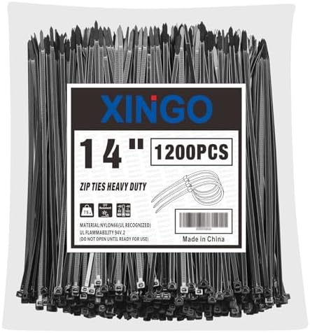 XINGO 14 Inch Black Zip Ties 1200 PCS, 75 LBS Tensile Strength, UV Resistant Cable Ties, Self-locking Plastic Ties for Indoor and Outdoor Use by XINGO
