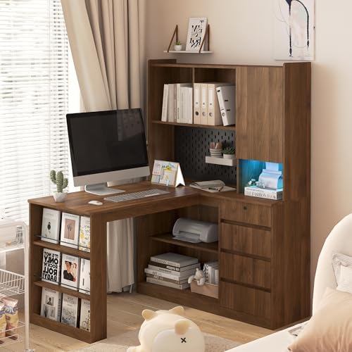 51.6" Corner Computer Desk with Drawers for Home Office, Walnut by Varelynn
