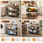 Fruit and Vegetable Storage, 3 Tier Fruit Basket with Wooden Top Table Kitchen Pantry Storage Bins and Organizers, Stackable Metal Rolling Cart for Vegetable Snacks Drinks Onion Potato Organization - Image 3
