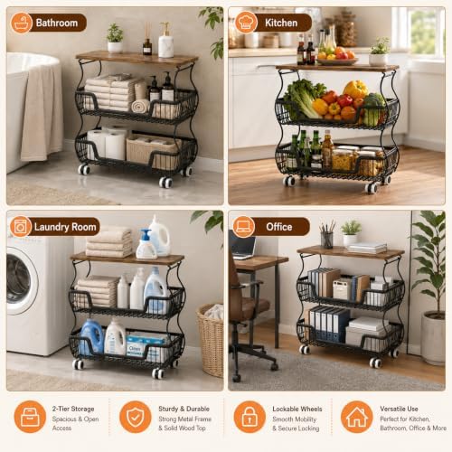 Fruit and Vegetable Storage, 3 Tier Fruit Basket with Wooden Top Table Kitchen Pantry Storage Bins and Organizers, Stackable Metal Rolling Cart for Vegetable Snacks Drinks Onion Potato Organization - Image 3