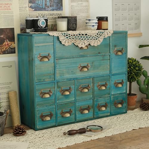 14 Drawers Apothecary Drawers Card Catalog Cabinet,Wooden Storage Box with Drawers,Library Card Catalog Cabinet for Desktop Organizer,Blue by ILWorkTLs