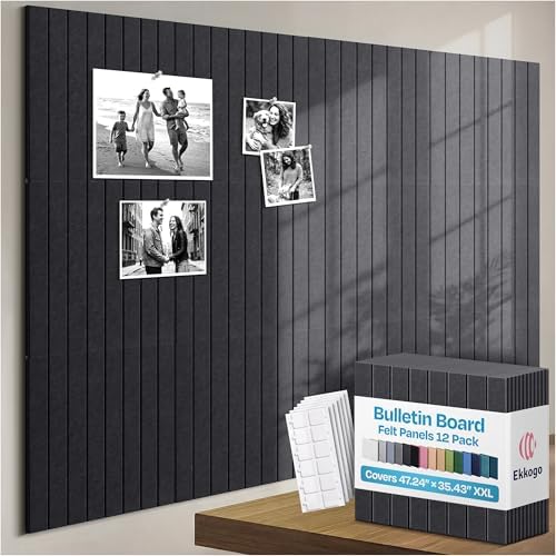 X-Large Cork Board Alternative 12-Pack Felt Bulletin Board Thick and Decorative Pin Board for Home Office Walls 47.24 x 35.43 Inches with 72 Adhesive Tabs - [Dark Gray] by EkkogoAcousticPanels