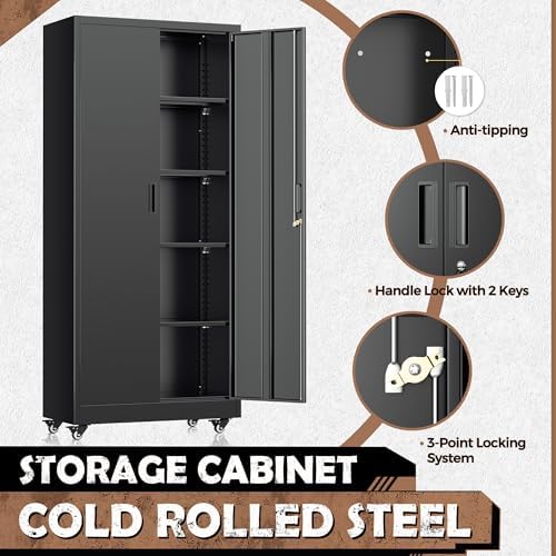 INTERGREAT73 Garage Storage Cabinet with Wheels, Rolling Metal Storage Cabinet with Locking Doors and 4 Adjustable Shelves,- 73" Steel Tool Cabinet for Home Office,Garage,Warehouse，Black - Image 4