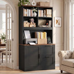 Vertical File Cabinet Bookcase with Printer Stand & Charging Station, Black - Image 2