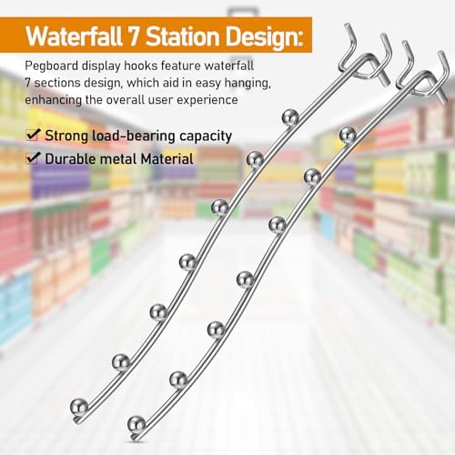 Yaocom 20 Pcs Peg Board Waterfall Hook Shelving Hooks Metal 7 Station Pegboard Display Wall Hangers Face Out Fit 1/4" for Garage Kitchen Store(Silver) - Image 3