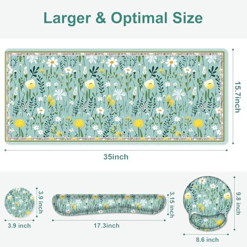 Floral Desk Mat, 4in1 Large Mouse Pad with Wrist Rest, Desk Matt for Desktop, Desk Pad Mat, Anti-Slip XXL Computer Ergonomic Mousepad with Wrist Support for Keyboard and Mouse I Green Elegant Flowers - Image 3