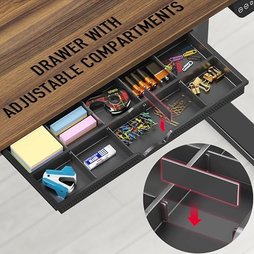 SHW 55 x 28 Electric Height Adjustable Standing Desk w/Drawer, Walnut - Image 5