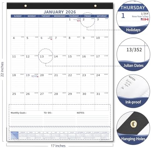 Ospelelf 2026 Large Wall Calendar with Plastic Cover, 22 x 17 Monthly Desk Calendar, 18 Month Family Office Calendar 2026-2027, Use Jan 2026 - June 2027, Blue - Image 4