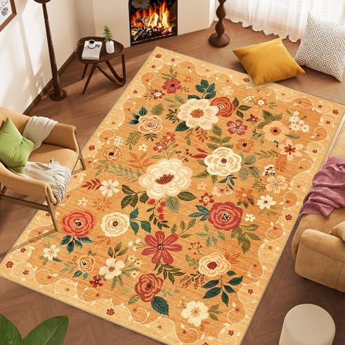 DUKINO 6x9 Area Rugs, Floral Washable Rug for Bedroom Non Slip, Orange - Image 3