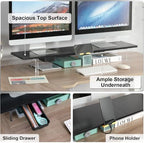 TEAMIX 39.4 inch Dual Monitor Stand with Acrylic Leg, Drawer & Phone Holder - Image 2