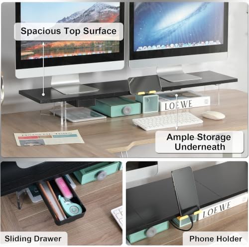 TEAMIX 39.4 inch Dual Monitor Stand with Acrylic Leg, Drawer & Phone Holder - Image 2