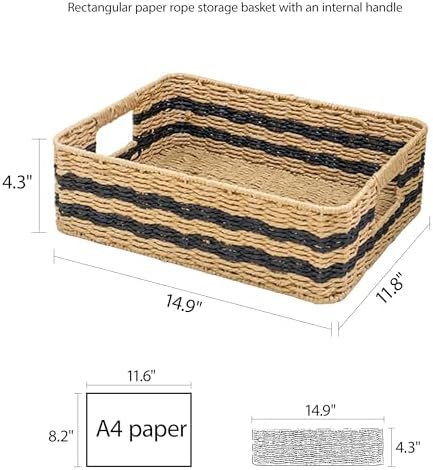 Handwoven Paper Rope Storage Basket, Rectangular Wicker Organizer - Image 2