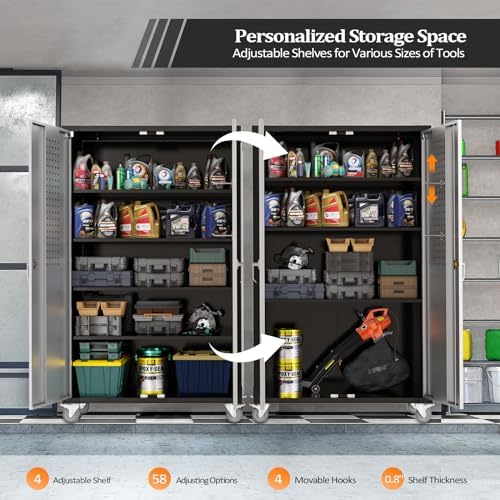 VINGLI Upgraded Wide & Deep Garage Storage Cabinet, Metal Storage Cabinet with Pegboards, Wheels, Locking Doors and Adjustable Shelves (Black & Silver, 43''W x 20''D x 72''H) - Image 6