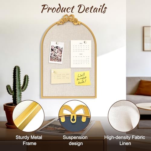 Vintage Gold Linen Cork Board, 24“X36” Arched Bulletin Board with Bow - Image 2