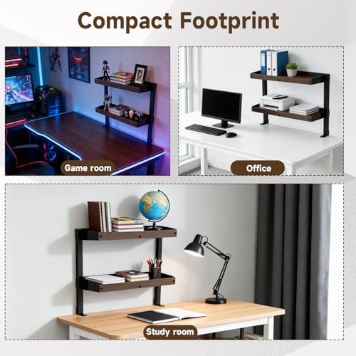 Clamp on Desk Shelf,17'' 2 Tier Office Desk Shelves Organizer with Under-Desk Hidden Storage Basket,Wood Desktop Supplies Storage Rack for Home Workspace, Study Rooms,Gaming Devices (Black) - Image 7