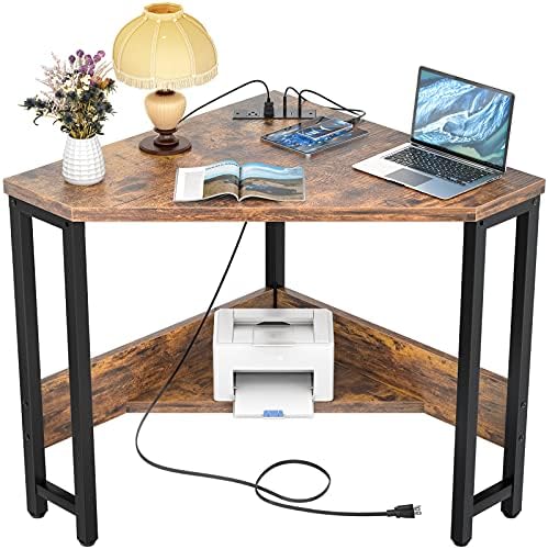 Armocity Corner Small Desk with Outlets Corner Table for Small Space Industrial Computer Desk with USB Ports Triangle Desk with Storage for Home Office, Workstation, Living Room, Bedroom, Rustic by Armocity