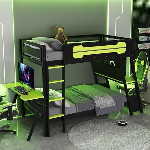 Polibi Twin Over Twin Bunk Bed with 2 Built-in Gaming Desks, USB Charging Ports & Pegboard Organizer, E-Sports Gaming Bed Frame for 2 Kids/Teens, Green (Twin Size) - Image 7