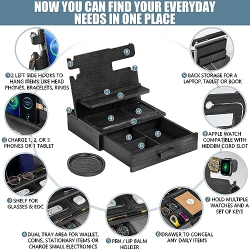 Black Wood Phone Docking Station for up to 3 Phones - Nightstand Organizer with Drawer for Valuables for Men & Women, Compatible With Apple Watch, Holds Phones, Tablets, Keys, Rings, Glasses, EDC - Image 2