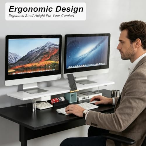 TEAMIX White Dual Monitor Stand with Acrylic Leg & Drawer & Phone Holder - Image 3