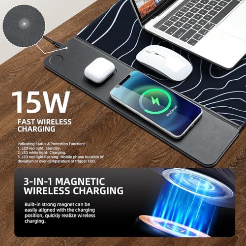 VOVIPO 3 in 1 Wireless Charging Mouse Pad, Gift for Dad/Office Manager,Wireless Charger Compitable with iPhone/Watch/airpods. Wireless Charging Desk Mat 90 x 40cm,Black Topographic Computer Desk Pad - Image 6
