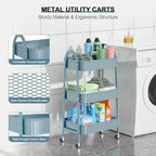 3 Tier Utility Rolling Cart, EAGMAK Metal Storage Cart with Handle and Lockable Wheels, Multifunctional Storage Organizer Trolley with Mesh Baskets for Kitchen, Living Room, Office, Garage (Blue) - Image 2