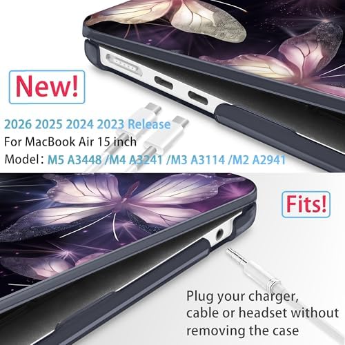 Mektron for 2026/2025/2024/2023 MacBook Air 15 INCH M5 A3448 /M4 A3241 /M3 A3114 /M2 A2941 Case, Printed Plastic Hard Shell Cover with 15.3" Liquid Retina Display Touch ID, Glittering Butterfly - Image 2