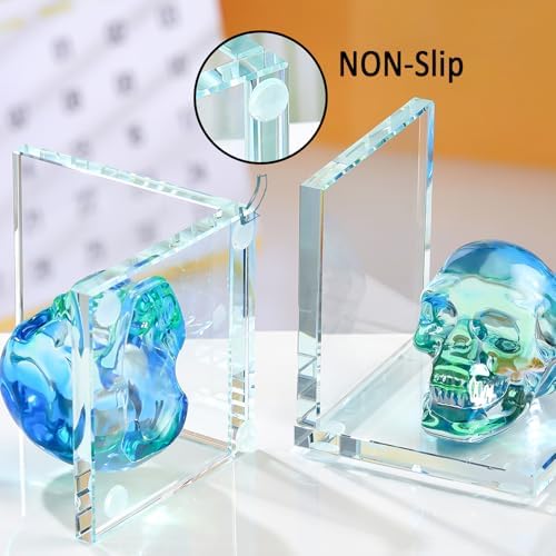 Glass Skull Book Ends for Shelves with Green Crystal Skulls - Image 5