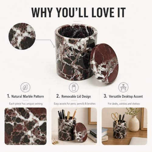 Purple Red Marble Round Pen Holder with Lid for Desk - Image 5