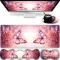 31.5"x 11.8" Oversized Gaming Mouse Pad Set, Ergonomic Keyboard and Mouse Wrist Rest + Cup Holder, Non-Slip Desktop Pad, Suitable for Home and Office Use, Pink Butterfly Flower by FOKBVNFLL