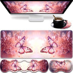 31.5"x 11.8" Oversized Gaming Mouse Pad Set, Ergonomic Keyboard and Mouse Wrist Rest + Cup Holder, Non-Slip Desktop Pad, Suitable for Home and Office Use, Pink Butterfly Flower by FOKBVNFLL
