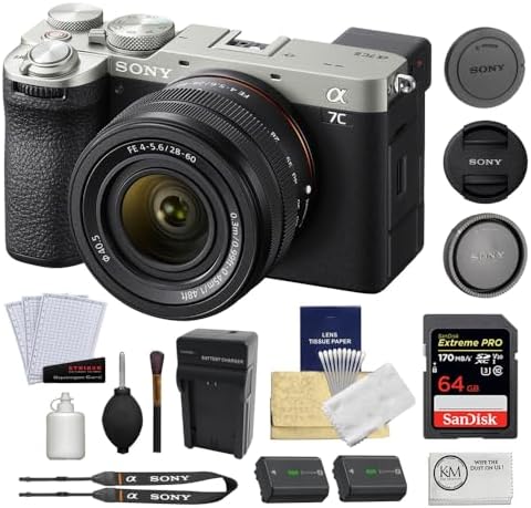Sony a7C II Mirrorless Camera with 28-60mm Lens | Silver Bundle with 64GB Memory Card + Battery and Charger + Screen Protectors + Cleaning Cloth (7 Items) by Unknown
