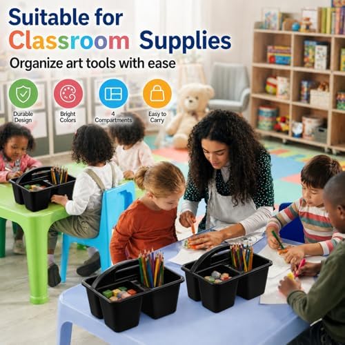 gisgfim 6 Pack Plastic Classroom Caddy with 4-Compartments Plastic Storage Caddies with Handle 4 Compartments Table Caddy Organizer Versatile Table Caddies for Classroom Office, Black - Image 5