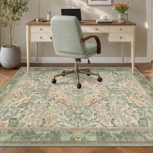 JTJ 5x6 Office Rug, Sage Green Botanical, Washable Non Slip by JTJ