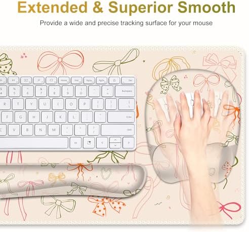Apricot Mouse Pad with Wrist Support 4 in1 Set, XXL Big Game Mousepad + Keyboard Wrist Rest + Mouse Wrist Rest Pad +Coaster Gaming Mat for Home Office Work Computer I Colorful Cute Girl's Bow - Image 4