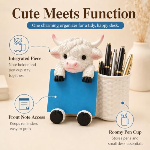 Highland Cow Note Pad Dispenser with Pen Cup, Desk Organizer - Image 4