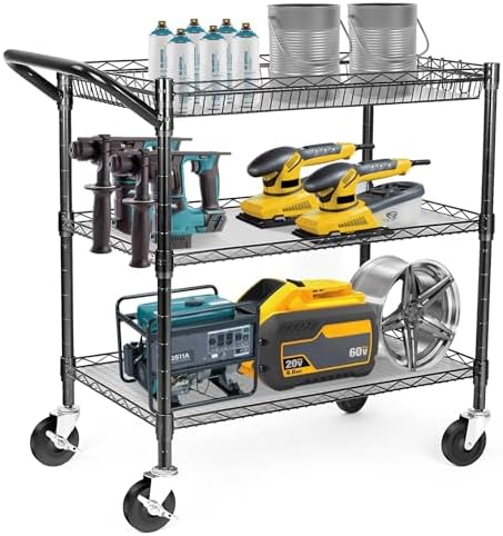 WDT Heavy Duty 3 Tier Utility Cart,Wire Rolling Cart with Wheels, Commercial Grade Service Cart with Shelving Liners and Handle Bar Metal Carts for Kitchen Office Hardware - Image 3